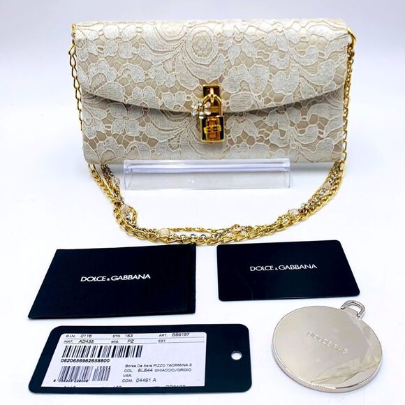 Dolce & Gabbana Handbags - Auth Dolce & Gabbana Floral Lace Taormina Clutch Gold Silver Chains Straps